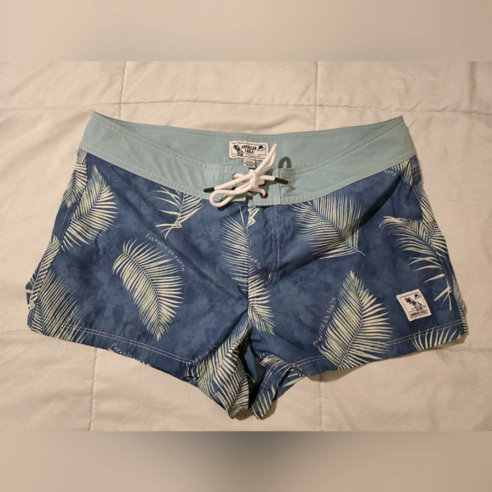 American Eagle Blue Palm Leaf Board Shorts